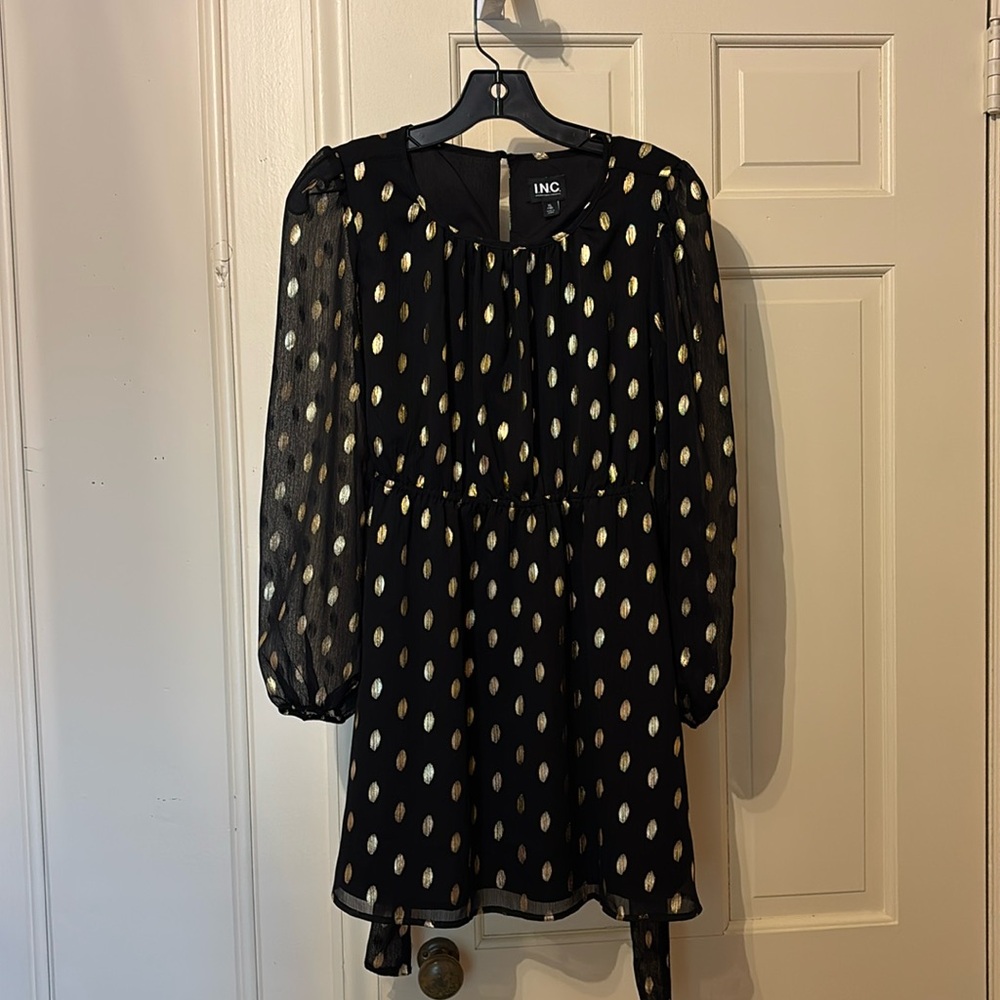 I.N.C. Girls XL (16) dress, black with gold dots, adorable sheer sleeves & sash